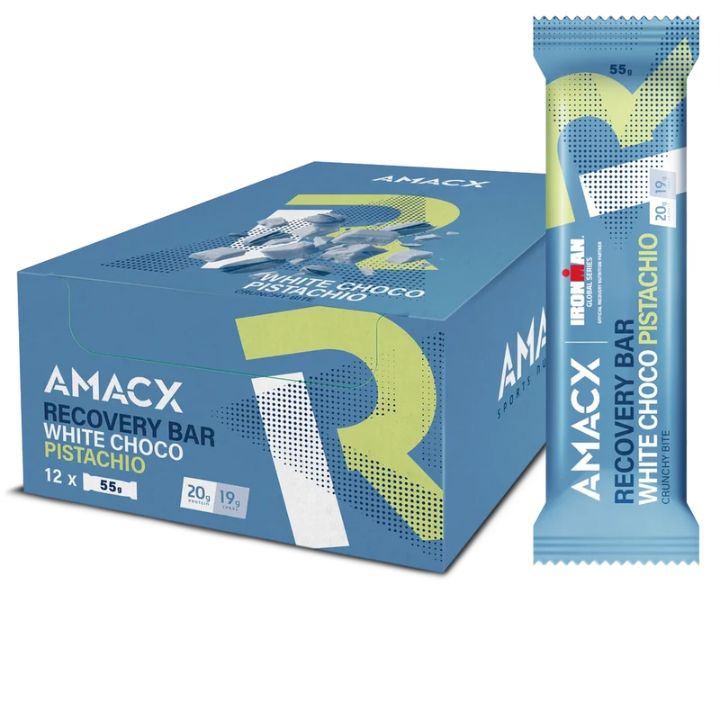 Recovery-Riegel Amacx Recovery Bar Weiße Schokolade Pistazie Box 12stk Blau