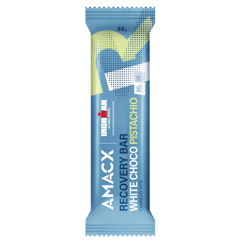Recovery-Riegel Amacx Recovery Bar Weiße Schokolade Pistazie Box 12stk Blau