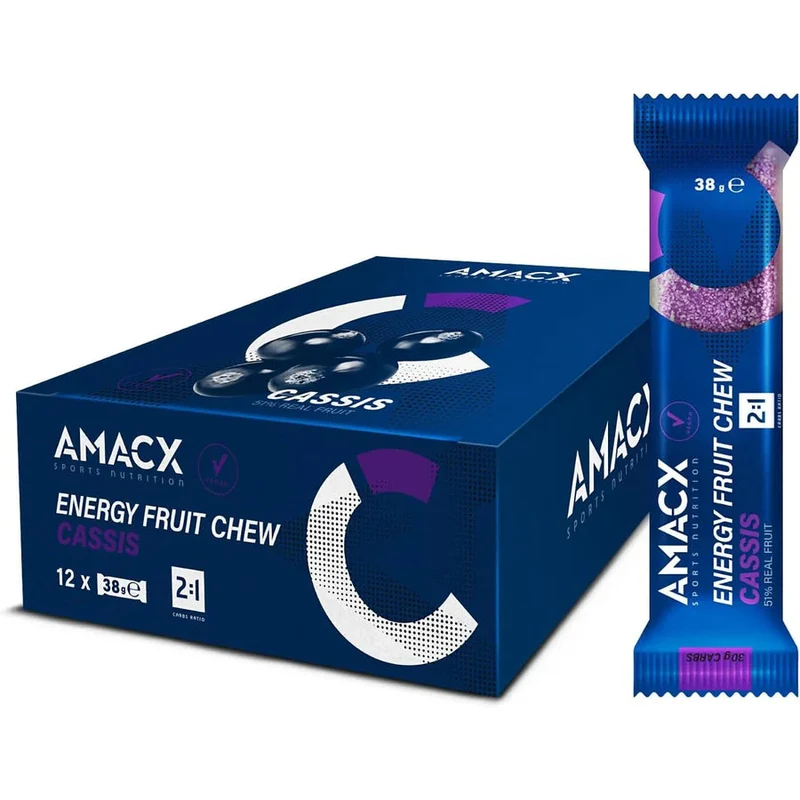 Energiegummis Amacx Energy Fruit Chew Schwarze Johannisbeere Box 12stk Blau