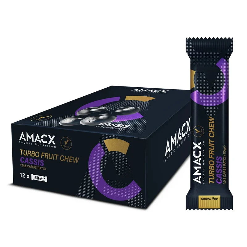 Energiegummis Amacx Turbo Fruit Chew Schwarze Johannisbeere Box 12stk Lila