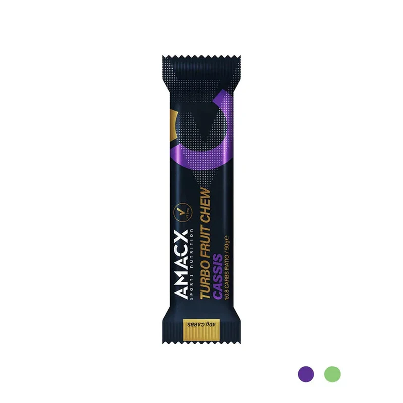 Energiegummis Amacx Turbo Fruit Chew Schwarze Johannisbeere Box 12stk Lila