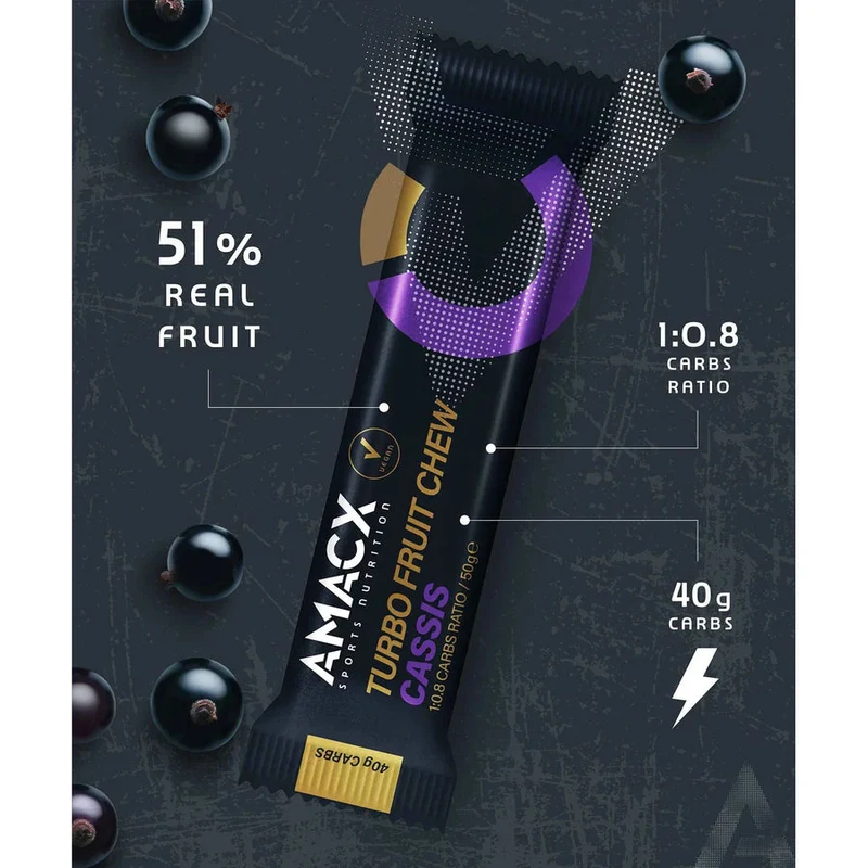 Energiegummis Amacx Turbo Fruit Chew Schwarze Johannisbeere Box 12stk Lila