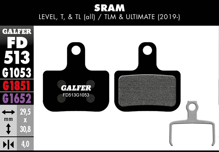 Galfer Bremsbelag Performance SRAM Level, T, TL (alle), TLM & Ultimate (2019-2026) 29,5 x 30,8 x 4 mm 1 Paar schwarz