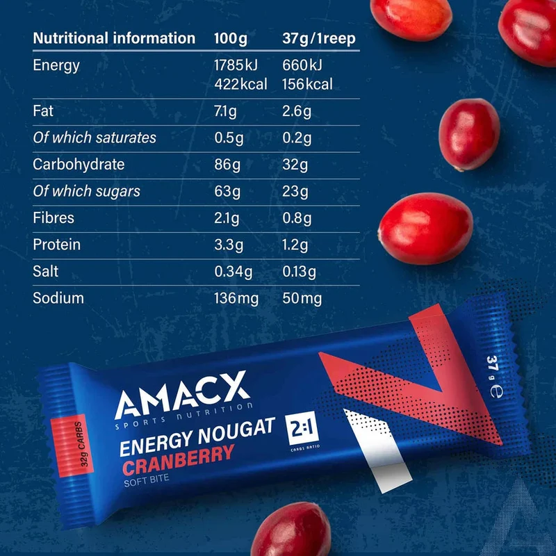 Energieriegel Amacx Energy Nougat Cranberry Box 12stk Blau